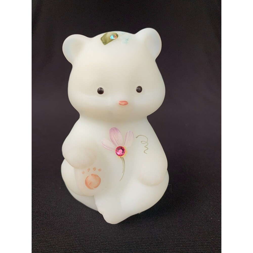 Vintage Fenton Glass Bear White Satin 2 Rhinestones 3.50” Figurine Hand Painted